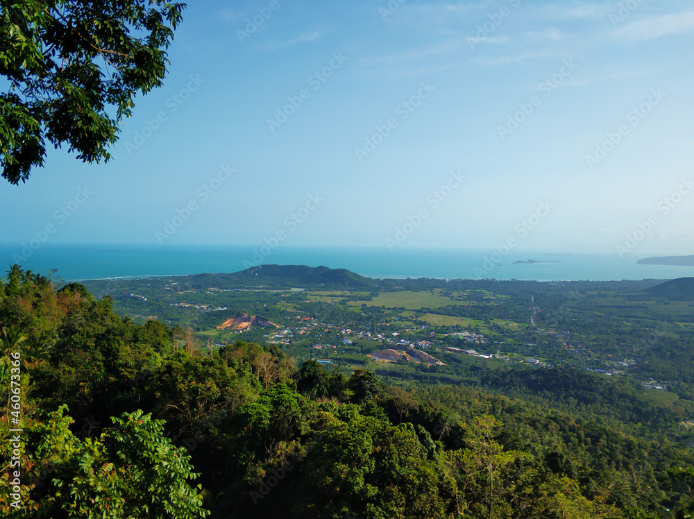 Panoramic view of the jungle valley on an island in the ocean Panoramic view of the jungle valley on an island in the ocean