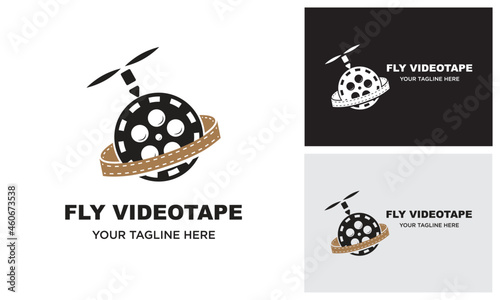 Fly Videotape Logo Design Template. Fly Cinema Tape. Flying The reel. Cinema reel equipment cartoon.