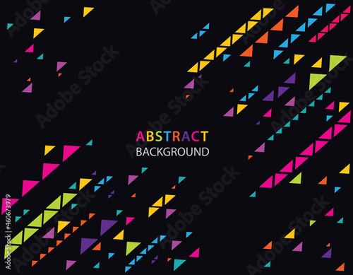 Abstract vector bright triangles background. Color rinbow random triangles and place for your text isolated on black background. Trendy graphic template. photo