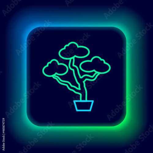 Glowing neon line Japanese bonsai tree icon isolated on black background. Japanese culture, horticulture, olericulture hobby concept. Colorful outline concept. Vector
