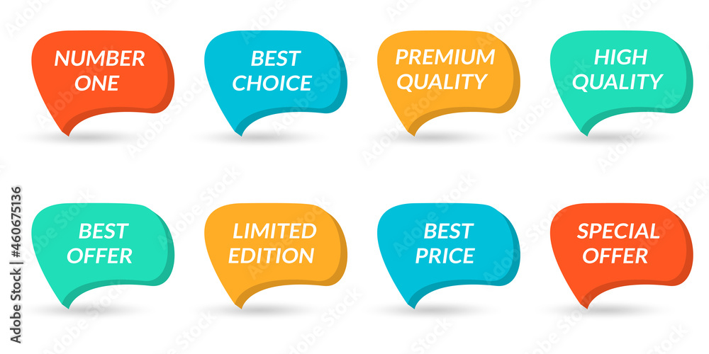 Speech bubble set. 3d promo sticker, badge or label collection. Premium quality, Best choice, Special offer icons. Vector illustration. Speech bubble set. 3d promo sticker, badge or label collection. Premium quality, Best choice, Special offer icons. Vector illustration.