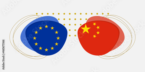 EU and China flags. Chinese and European Union symbols with abstract background and geometric shapes. Vector illustration.