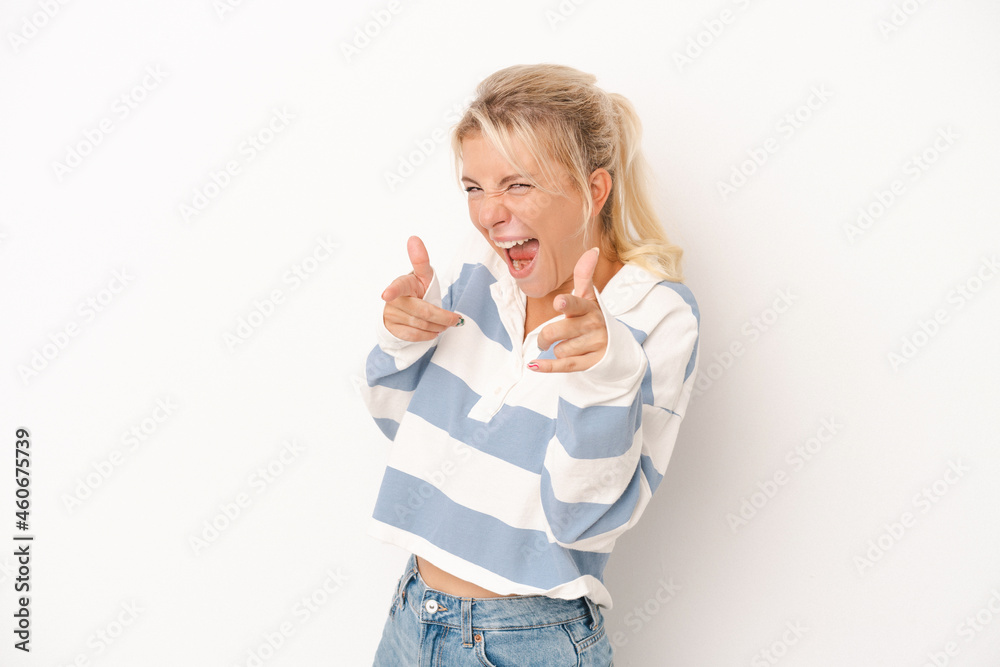 Young Russian woman isolated on white background cheerful smiles pointing to front. Young Russian woman isolated on white background cheerful smiles pointing to front.