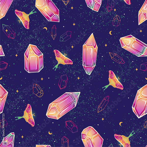 Violet seamless pattern with different magic objects. Repetitive background with butterflies, stars, moons and crystals.