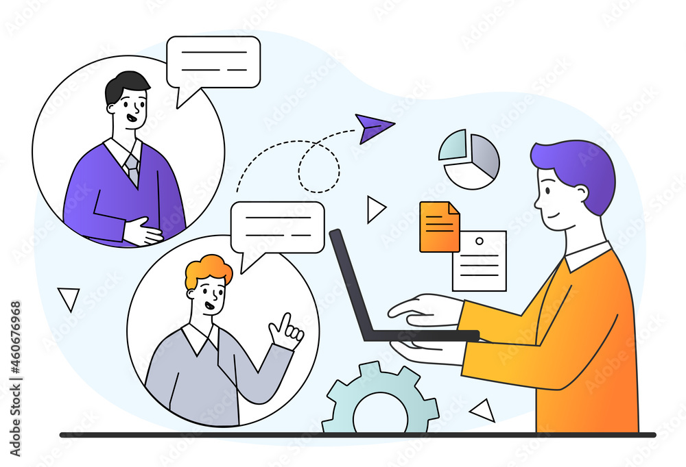 Young male character is working on laptop in his office on white background. Businessman is connecting with his virtual team online via conference call. Flat cartoon vector illustration Young male character is working on laptop in his office on white background. Businessman is connecting with his virtual team online via conference call. Flat cartoon vector illustration