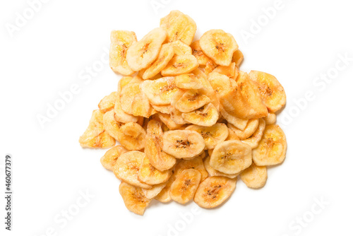 Banana chips isolated on a white background. Dehydrated banana.