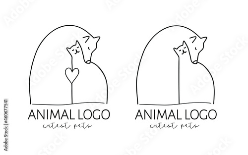 Cat Dog Logo in outline line art style. Domestic pet care concept, vet clinic, grooming, zoo shop, animal shelter. Hand drawn vector doodle icon. 