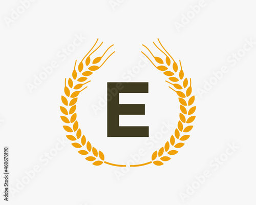 Agriculture Wheat Logo On E Letter. Letter E Agriculture Logo Design Template, Food, Healthy Nutrition Symbol