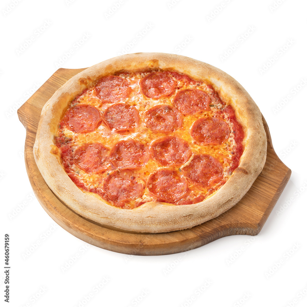 Pizza pepperoni isolated on white background. Tasty hot pizza on wooden dish or tray for design menu and promotional Pizza pepperoni isolated on white background. Tasty hot pizza on wooden dish or tray for design menu and promotional