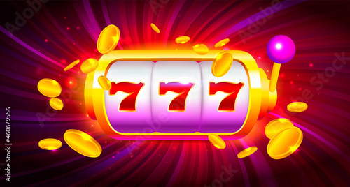 Slot Machine with Icons and Coins on Colorful Background. Online Casino Banner Illustration