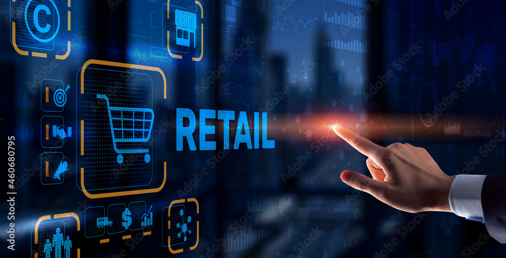 Fototapeta premium Retail concept marketing channels E-commerce Shopping automation on virtual screen