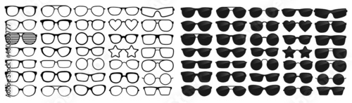 Many types of glasses. Fashion collection set glasses isolated. Vector illustration. Glasses icons frames silhouettes.