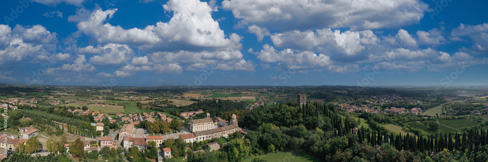 Aerial panorama of Solferino, Mantova, Italy. Aerial view of the Museum of Resurgence. Aerial view of the Rocca di Solferino, Mantova.