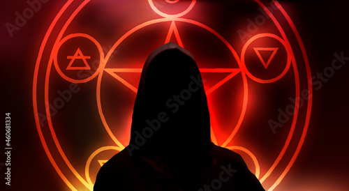 Halloween illustration with pentagram and black silhouette on red background for decoration design