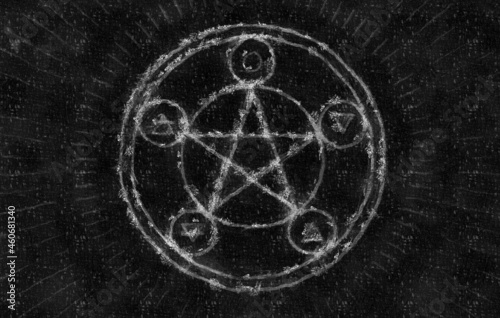 Fotografía Halloween illustration with pentagram with chalk on dark background