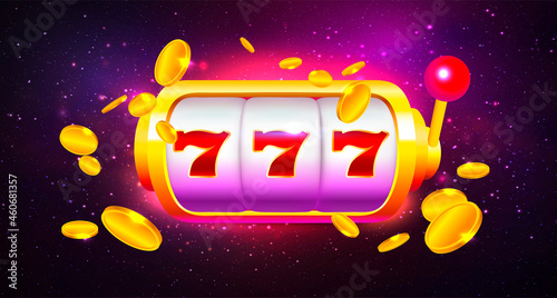 Slot Machine with Icons and Coins on Colorful Background. Online Casino Banner Illustration