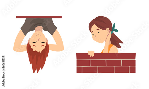 Man and Woman Looking Out From Brick Wall and Hanging Upside Down Vector Set