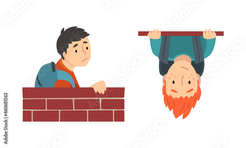 Boy with Backpack Looking Out From Brick Wall and Hanging Upside Down Vector Set