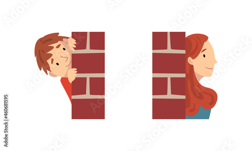 Man and Woman Looking Out From Brick Wall Corner Vector Set