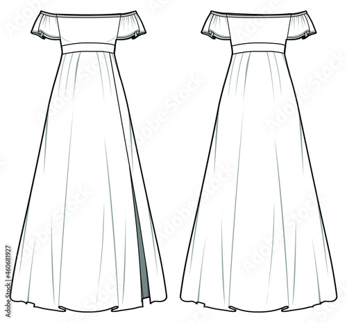 Off  The Shoulder Frill Short Sleeve Flared Dress with Slit Front and Back View. fashion illustration vector, CAD, technical drawing, flat drawing.