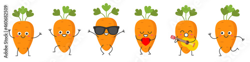 Set carrot character cartoon emotions joy happiness smiling face jumping running loves sings icon vegetables beautiful vector illustration.