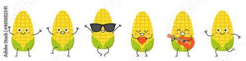 Set corn character cartoon emotions joy happiness smiling face jumping running loves sings icon beautiful vector illustration.