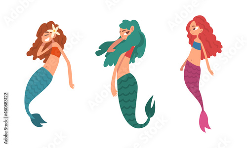 Mermaid or Seamaid with Lush Hair Floating Underwater Vector Set