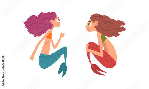 Mermaid or Seamaid with Lush Hair Floating Underwater Vector Set