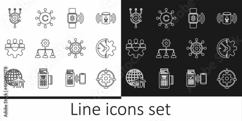 Set line Outsourcing concept, Clock and gear, Contactless payment, Lead management, Project team base, Algorithm, and Copywriting network icon. Vector