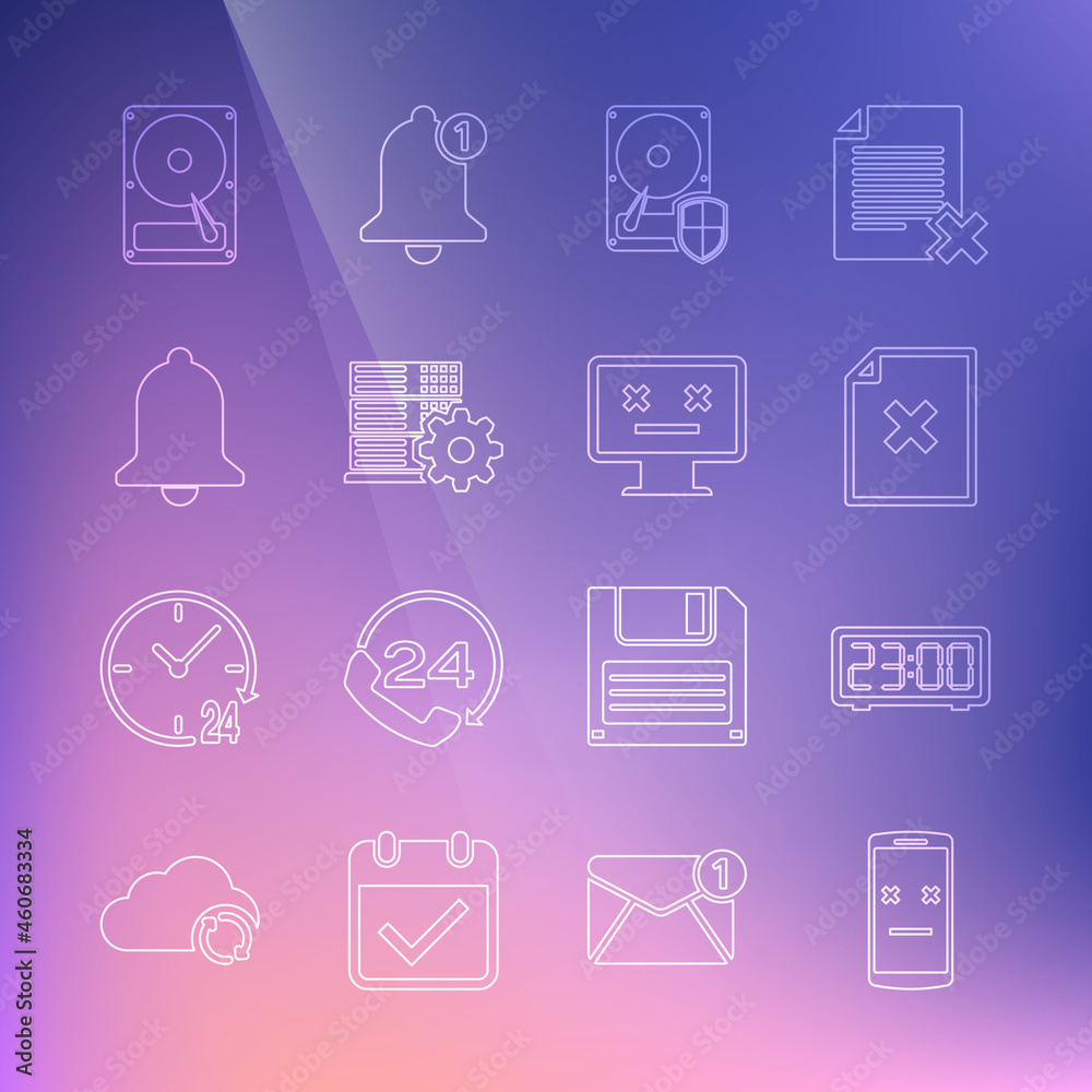 Set line Dead mobile, Digital alarm clock, Delete file document, Hard disk drive HDD protection, Server setting, Ringing bell, and monitor icon. Vector Set line Dead mobile, Digital alarm clock, Delete file document, Hard disk drive HDD protection, Server setting, Ringing bell, and monitor icon. Vector