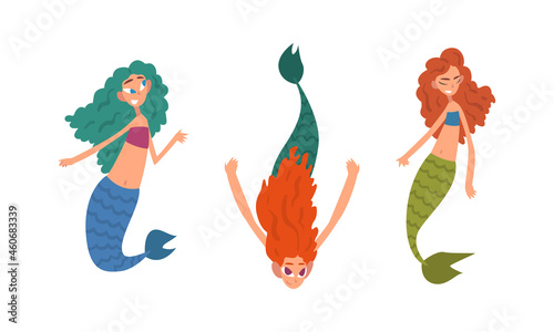 Mermaid or Seamaid with Lush Hair Floating Underwater Vector Set