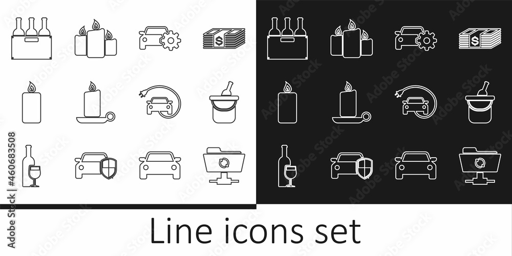 Set line FTP sync refresh, Bottle of wine in bucket, Car service, Burning candle candlestick, Bottles box, Electric car and icon. Vector