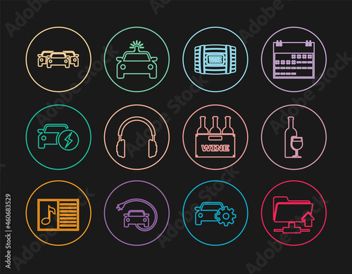 Set line FTP folder upload, Wine bottle with glass, Wooden barrel for wine, Headphones, Electric car, Cars, Bottles of box and Police and flasher icon. Vector