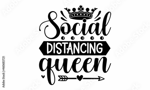 Social distancing queen, text warp in form of face mask vector illustration,  isolated on solid yellow and turquoise background, isolated on red, blue, and white color scheme