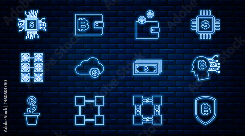Set line Shield with bitcoin, Bitcoin think, Cryptocurrency wallet, cloud mining, Mining farm, Processor chip dollar, and icon. Vector