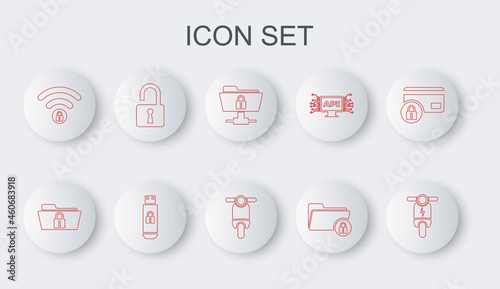 Set line Electric scooter, Folder and lock, FTP folder, Wifi locked, Open padlock, USB flash drive with and Scooter icon. Vector