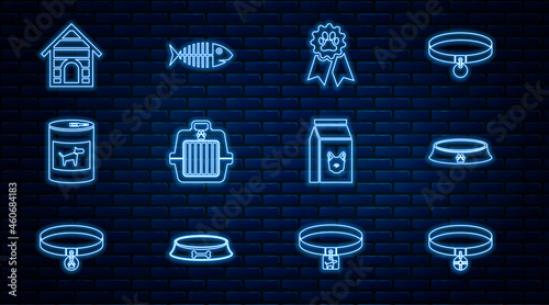 Set line Collar with name tag, Pet food bowl, award symbol, carry case, Canned for dog, Dog house, Bag of and Fish skeleton icon. Vector