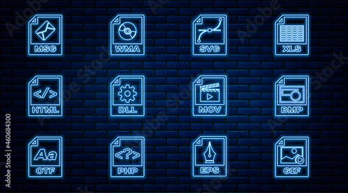 Set line GIF file document, BMP, SVG, DLL, HTML, MSG, MOV and WMA icon. Vector