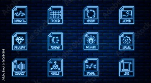 Set line JS file document, DLL, GIF, CSS, RUBY, HTML, MAX and PNG icon. Vector