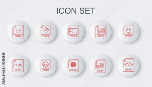 Set line PHP file document, OTF, TIFF, PDF, CSS, MSG, PSD and HTML icon. Vector