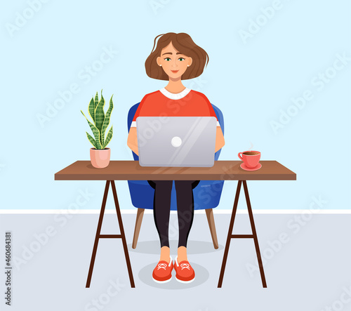 Woman sits at a table, works at home at a computer. Remote work, freelance, home office, programming, training. Vector illustration.