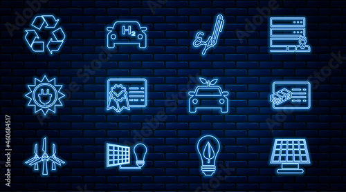 Set line Solar energy panel, Financial document, Signature, Certificate template, Recycle symbol, Eco car concept drive and Hydrogen icon. Vector