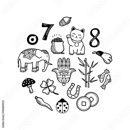 Good Luck and Fortune Symbols Set. European and Asian talismans and charms doodle vector illustration