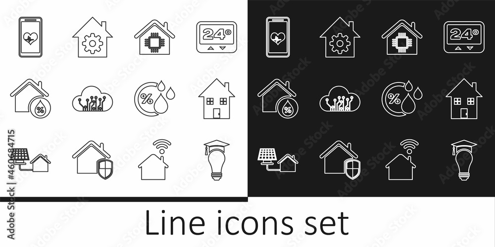 Set line Light bulb and graduation cap, House, Smart home, Internet of things, humidity, Mobile with heart rate, Humidity and settings icon. Vector