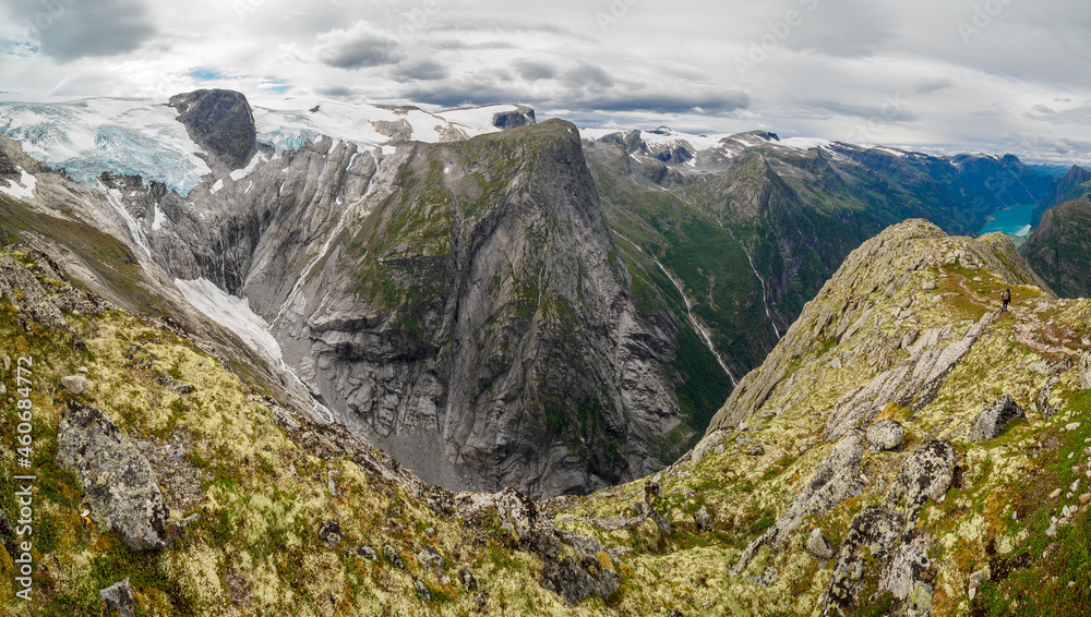 Fototapeta premium Views of peaks and glacier from Kattanakken, Jostedalsbreen National Park, Norway.