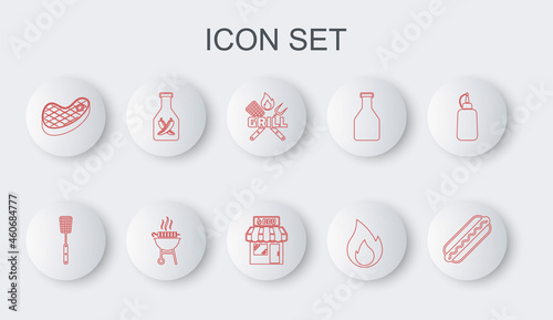 Set line Hotdog sandwich, Barbecue spatula, Crossed fork, Fire flame, Steak meat, Ketchup bottle, grilled shish kebab and shopping building icon. Vector
