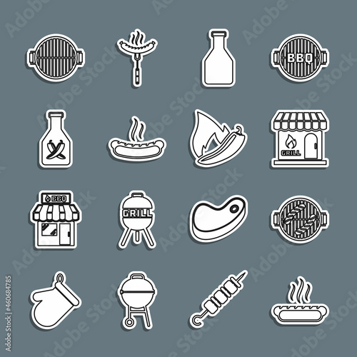 Set line Hotdog sandwich, Barbecue grill with sausage, shopping building, Ketchup bottle, and chili pepper pod icon. Vector