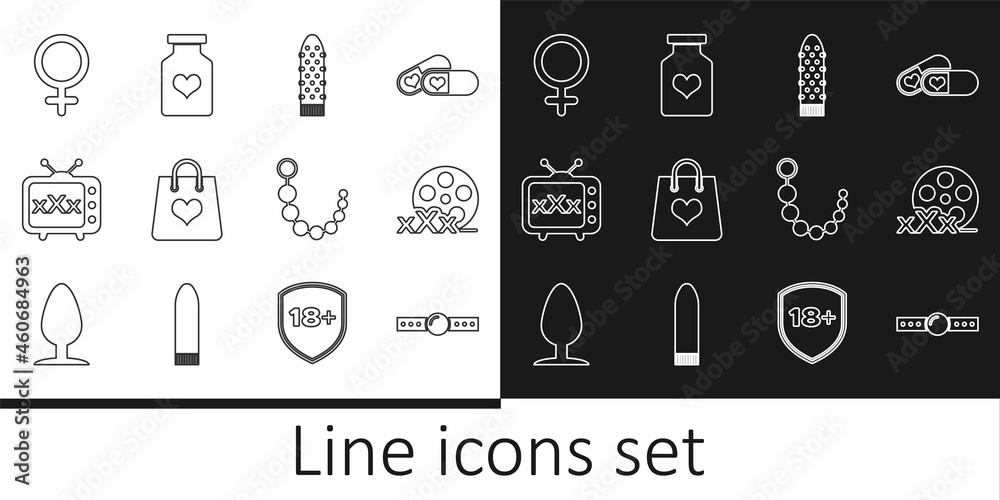 Set line Silicone ball gag, Film reel with Sex, Dildo vibrator, Shopping bag heart, tv old television, Female gender symbol, Anal beads and Bottle pills for potency icon. Vector