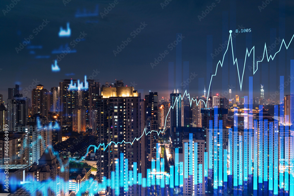 Stock market graph hologram, night panorama city view of Kuala Lumpur. KL is popular location to gain financial education in Malaysia, Asia. The concept of international research. Double exposure.