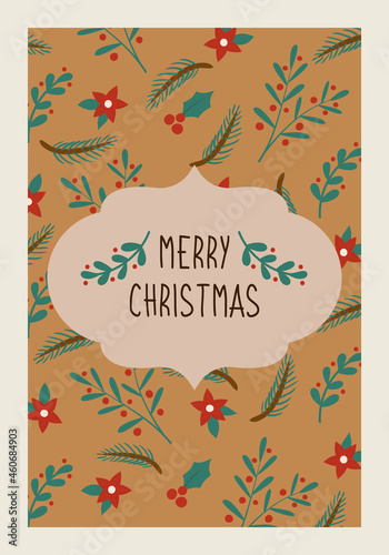 Merry christmas retro greeting card with writing on patterned background. Hand drawn vector branches and flowers. Vintage template, flyer, poster